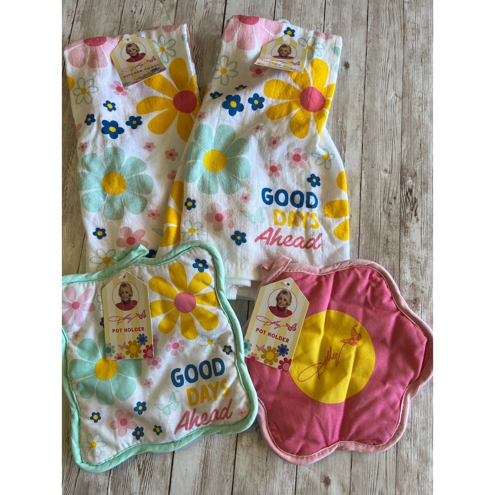 DOLLY PARTON 4 Pc. Kitchen Towel Pot Holder Set Floral Good Days Ahead NWT
